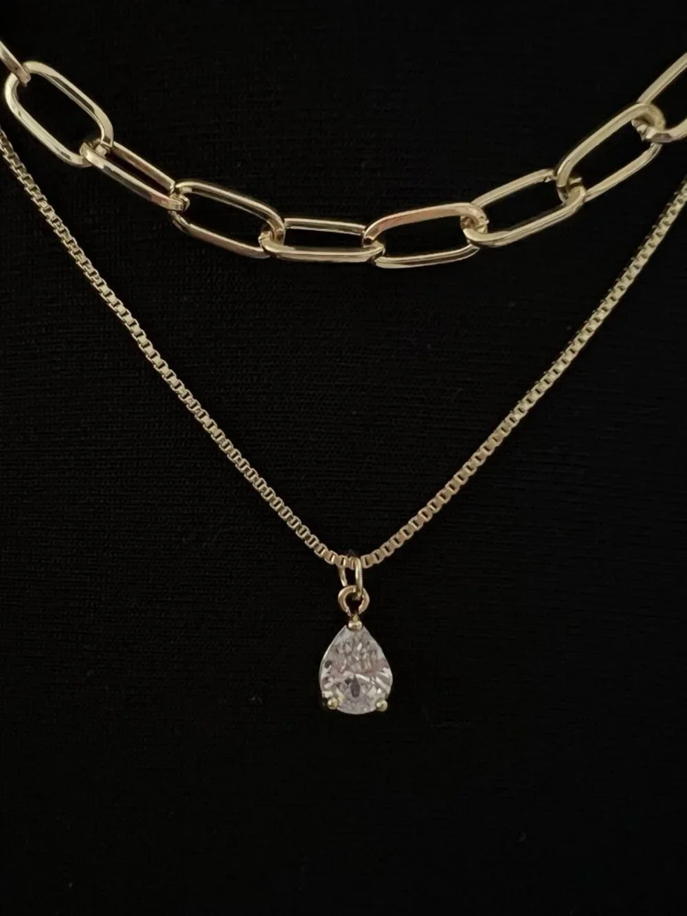 Layered Gold Chain Necklace Set Stainless Steel Paperclip & Teardrop Jewelry